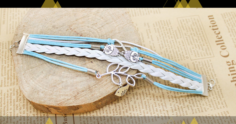 Novel Owl Little Bird Leaf Women Multilayer Weave Alloy Rope Bracelet