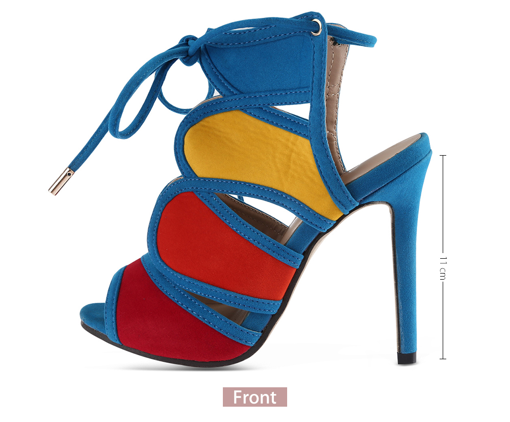 Fashionable Color Block Open Toe Hollow Out Lace Up High Heel Sandals for Women