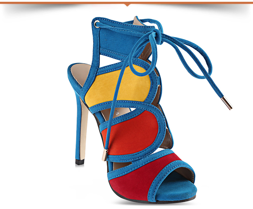 Fashionable Color Block Open Toe Hollow Out Lace Up High Heel Sandals for Women