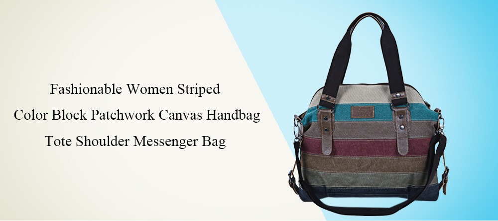Guapabien Fashionable Women Striped Color Block Patchwork Canvas Handbag Tote Shoulder Messenger Bag