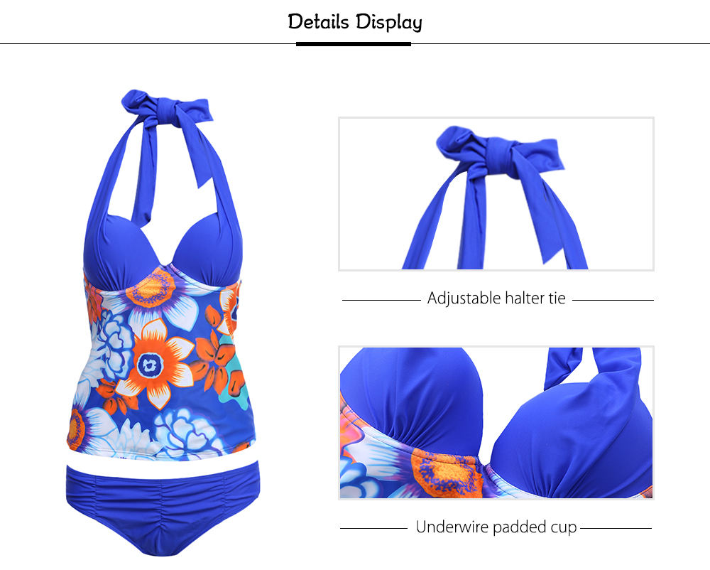 Sexy Halter Tie Floral Print Color Blocking Spliced Wire Swimsuit for Women