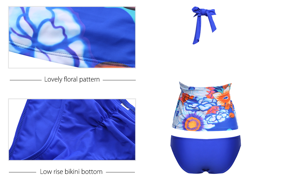 Sexy Halter Tie Floral Print Color Blocking Spliced Wire Swimsuit for Women
