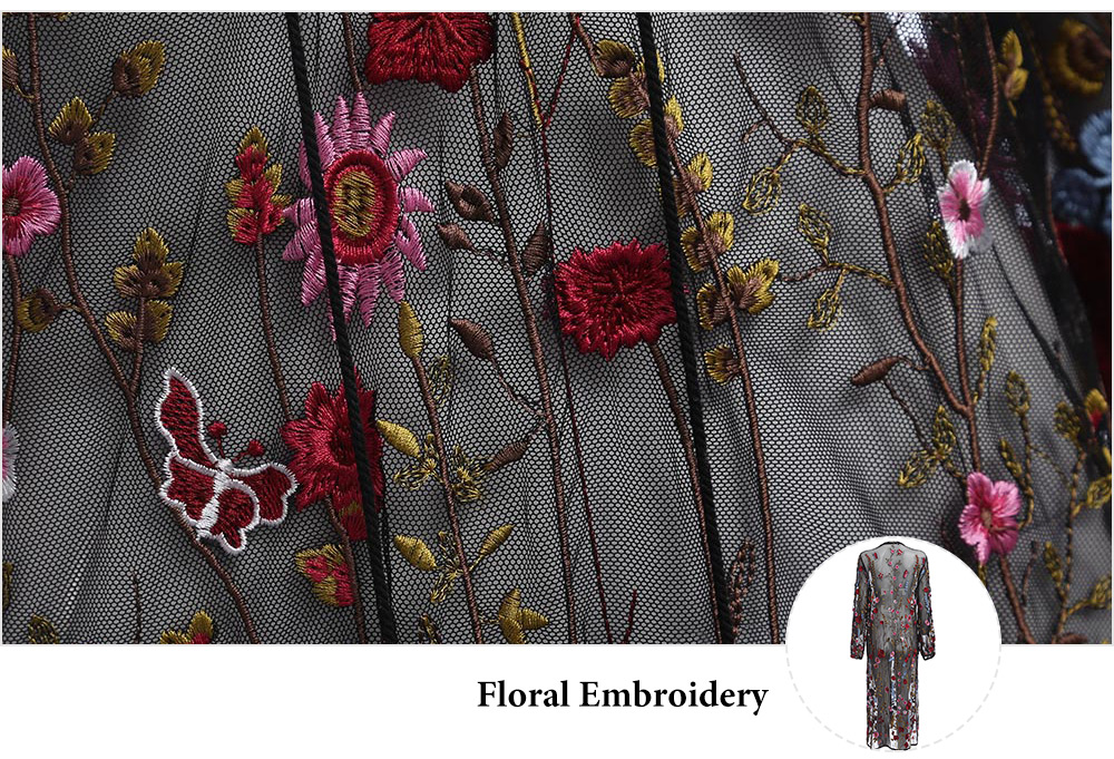 Sexy V Neck Long Sleeve See-through Floral Embroidery Mesh Dress for Women