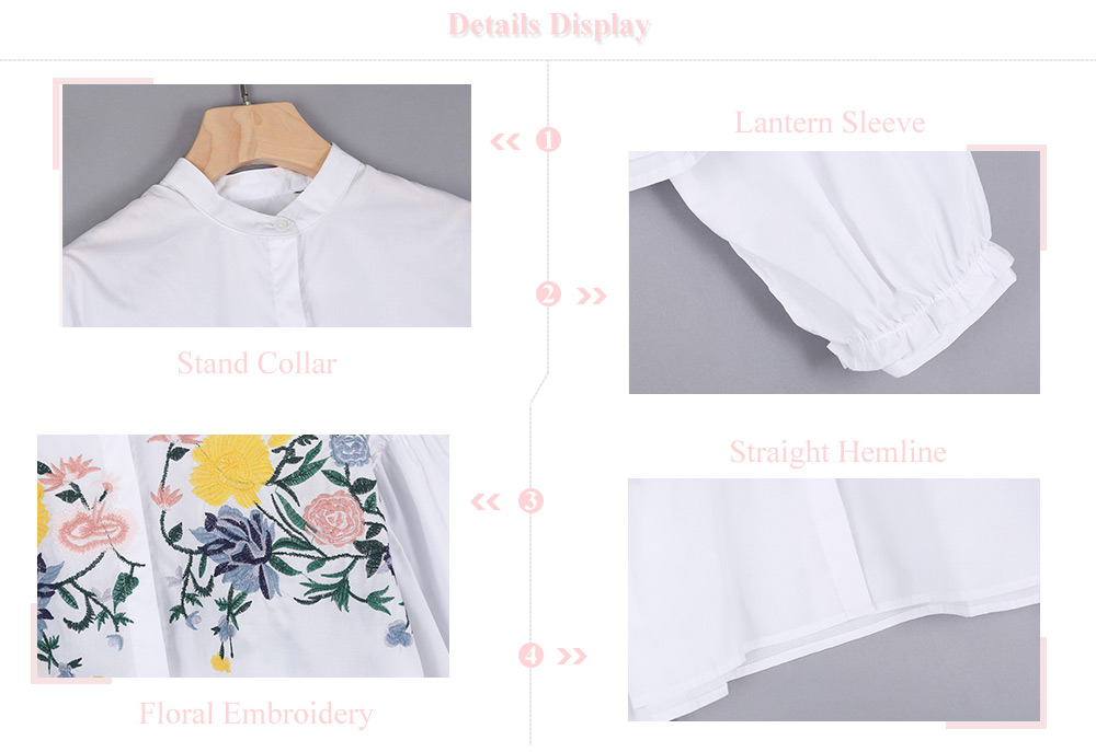 Trendy Long Lantern Sleeve Stand Collar Embroidery Button Shirt for Women