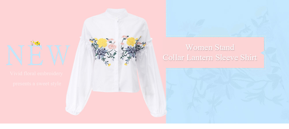 Trendy Long Lantern Sleeve Stand Collar Embroidery Button Shirt for Women