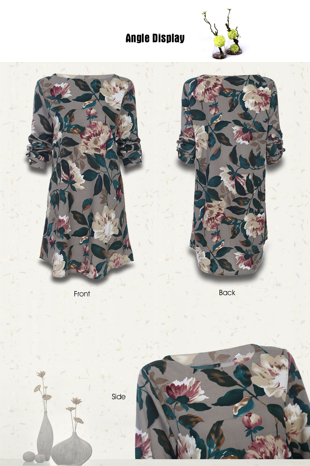 Casual Round Collar Long Sleeve Floral Print Pocket Dress for Women