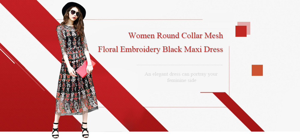 Stylish Round Collar 3/4 Sleeve Floral Embroidery Mesh Dress for Women