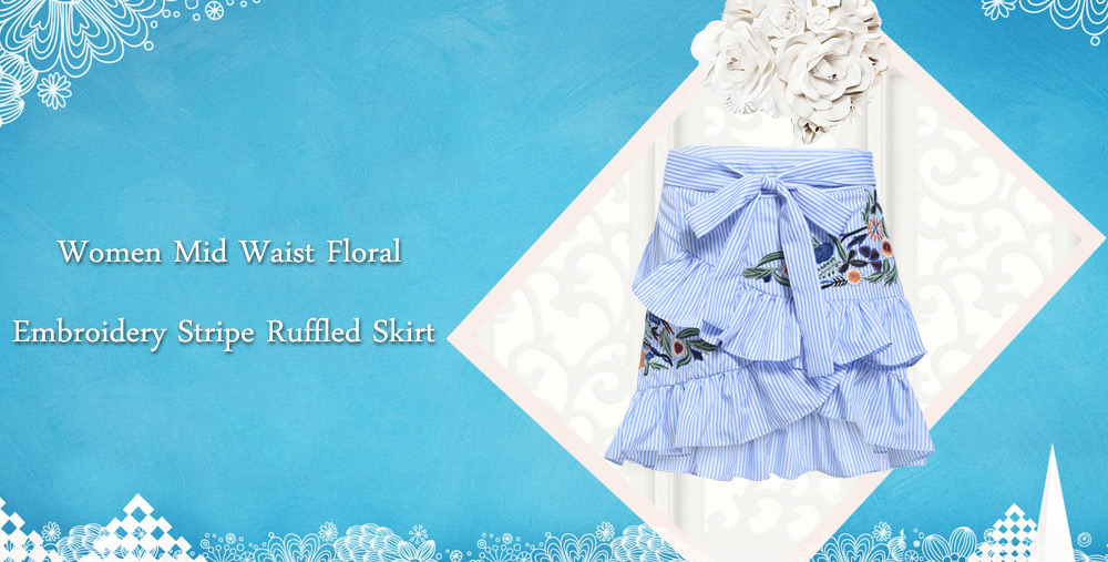 Stylish Mid Waist Floral Embroidery Stripe Ruffled Tie Skirt for Women