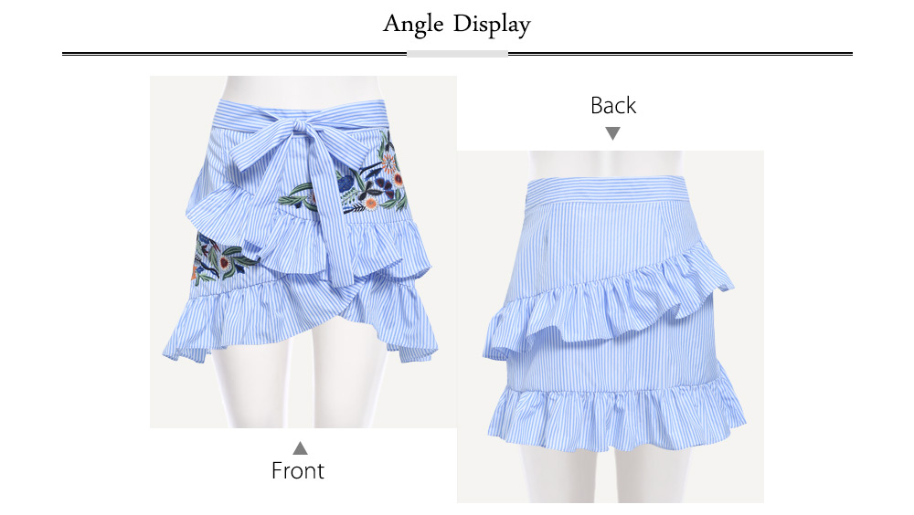 Stylish Mid Waist Floral Embroidery Stripe Ruffled Tie Skirt for Women