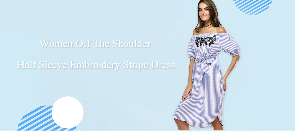 Trendy Off The Shoulder Half Sleeve Embroidery Stripe Tie Dress for Women