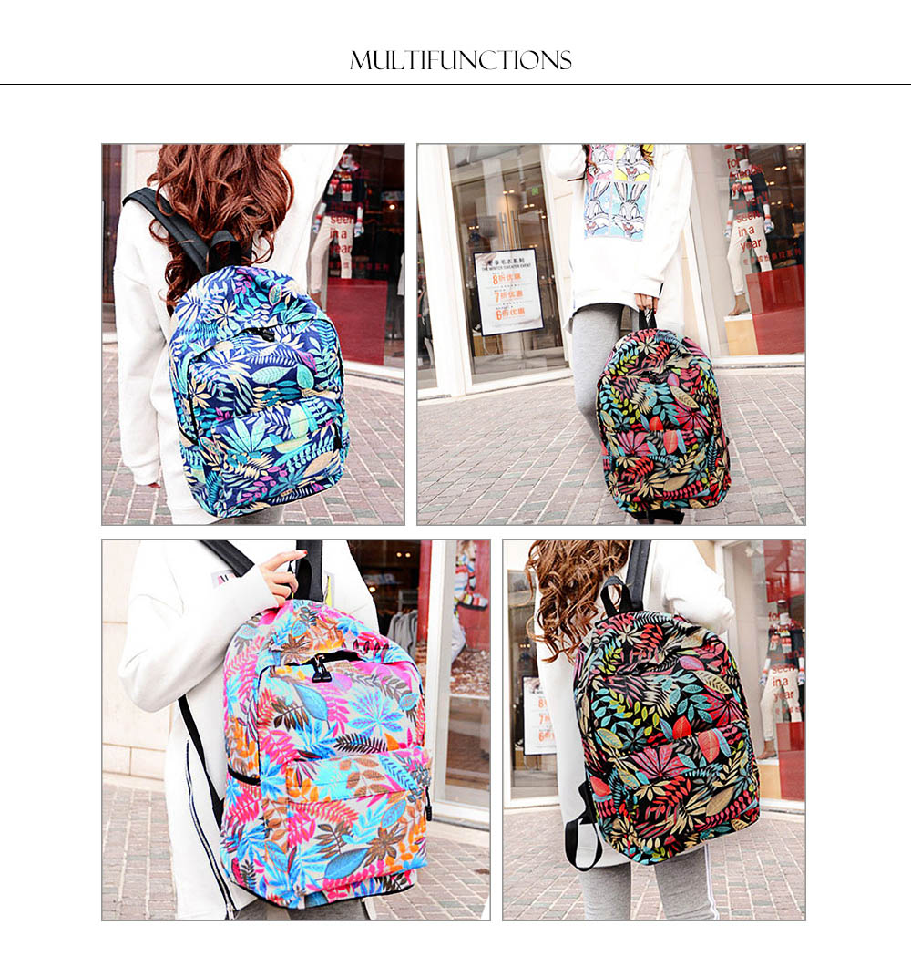 Plant Print Canvas Zipper Portable Backpack