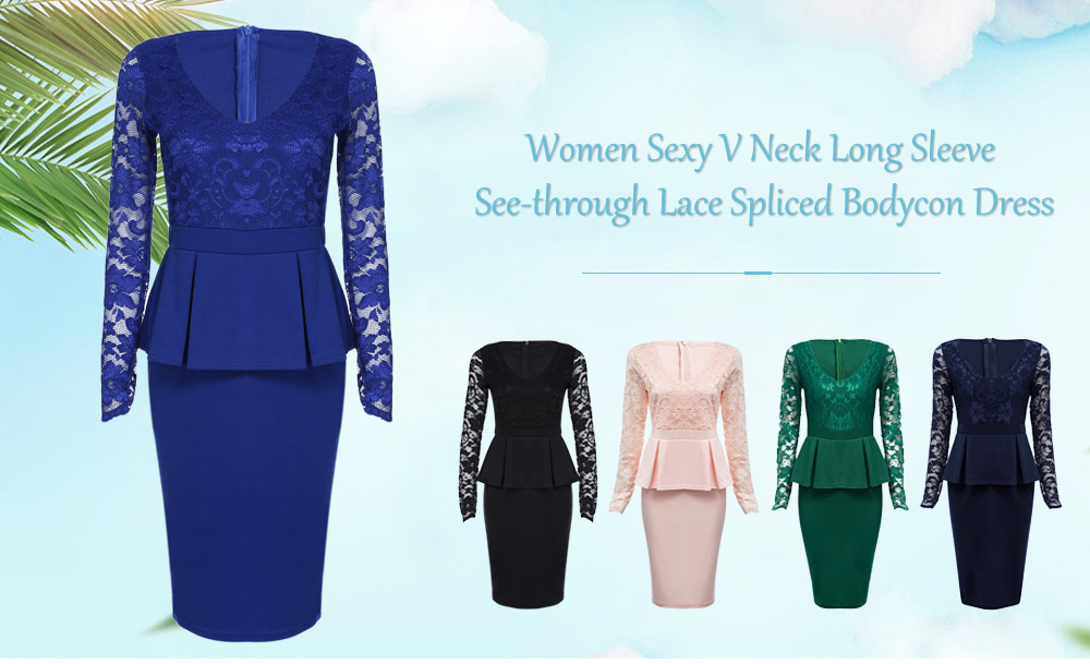 Sexy V Neck Long Sleeve See-through Lace Spliced Bodycon Women Dress