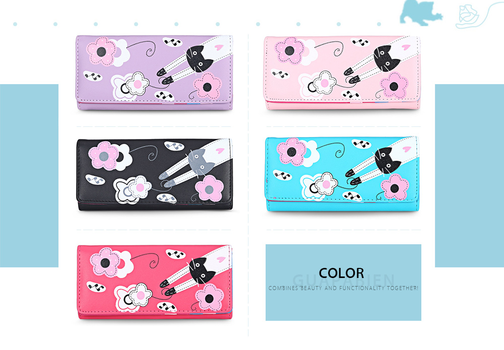 Guapabien Foldable Layer Long Cartoon Floral Kitten Print PU Leather Snap Fastener Clutch Wallet Women Card Holder