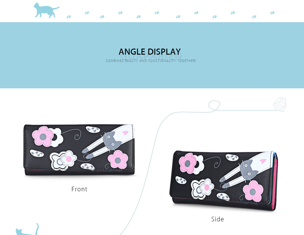 Guapabien Foldable Layer Long Cartoon Floral Kitten Print PU Leather Snap Fastener Clutch Wallet Women Card Holder