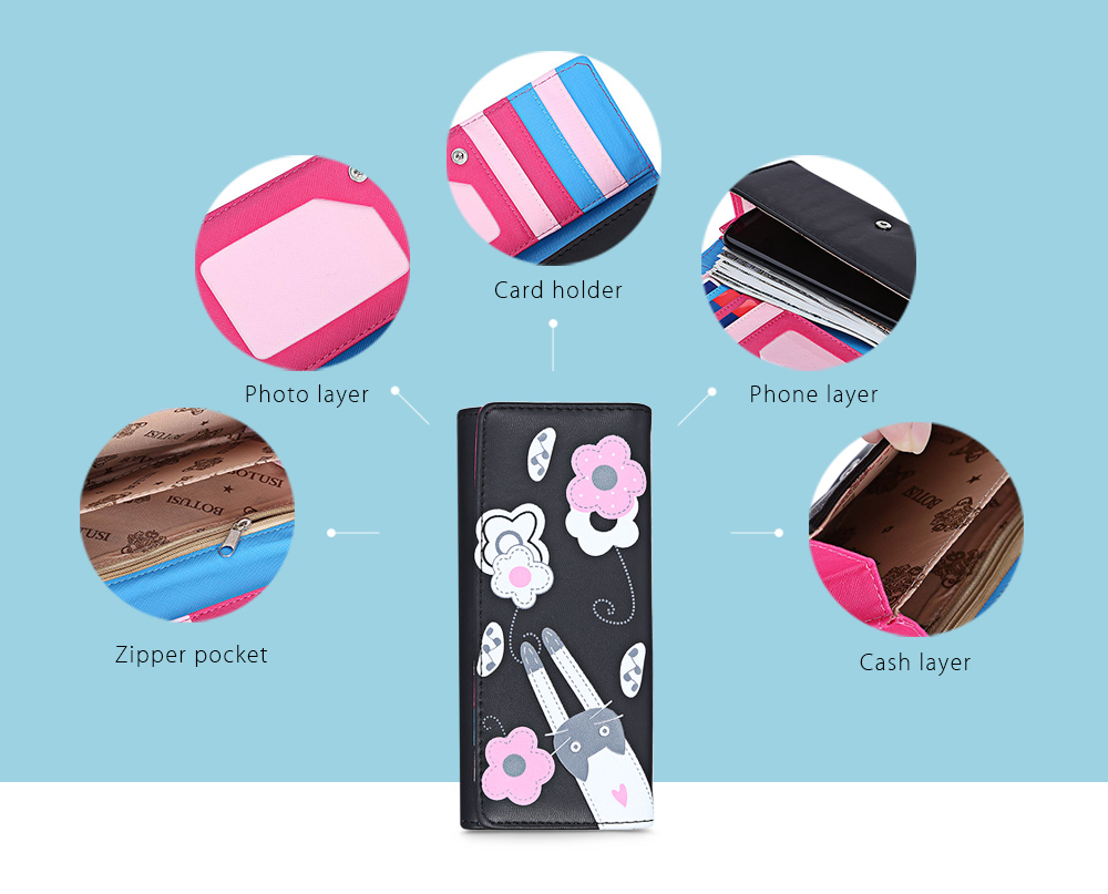 Guapabien Foldable Layer Long Cartoon Floral Kitten Print PU Leather Snap Fastener Clutch Wallet Women Card Holder