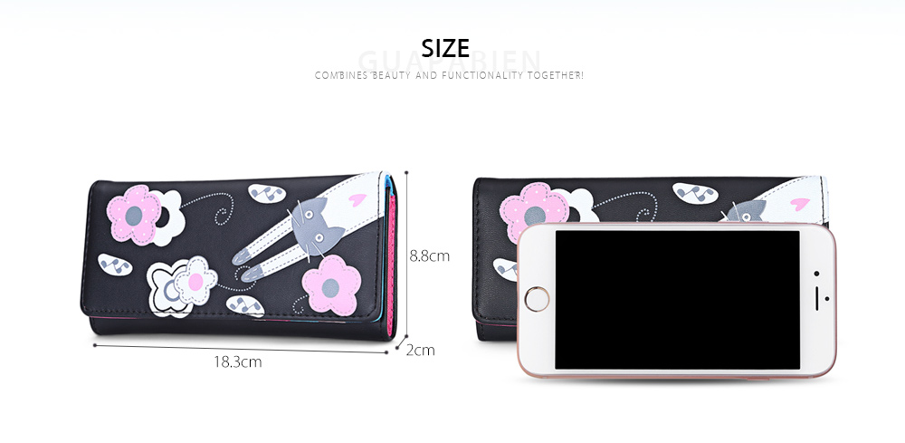 Guapabien Foldable Layer Long Cartoon Floral Kitten Print PU Leather Snap Fastener Clutch Wallet Women Card Holder