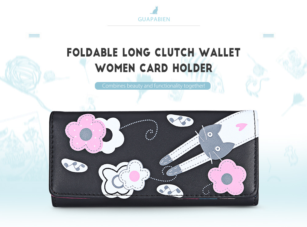 Guapabien Foldable Layer Long Cartoon Floral Kitten Print PU Leather Snap Fastener Clutch Wallet Women Card Holder