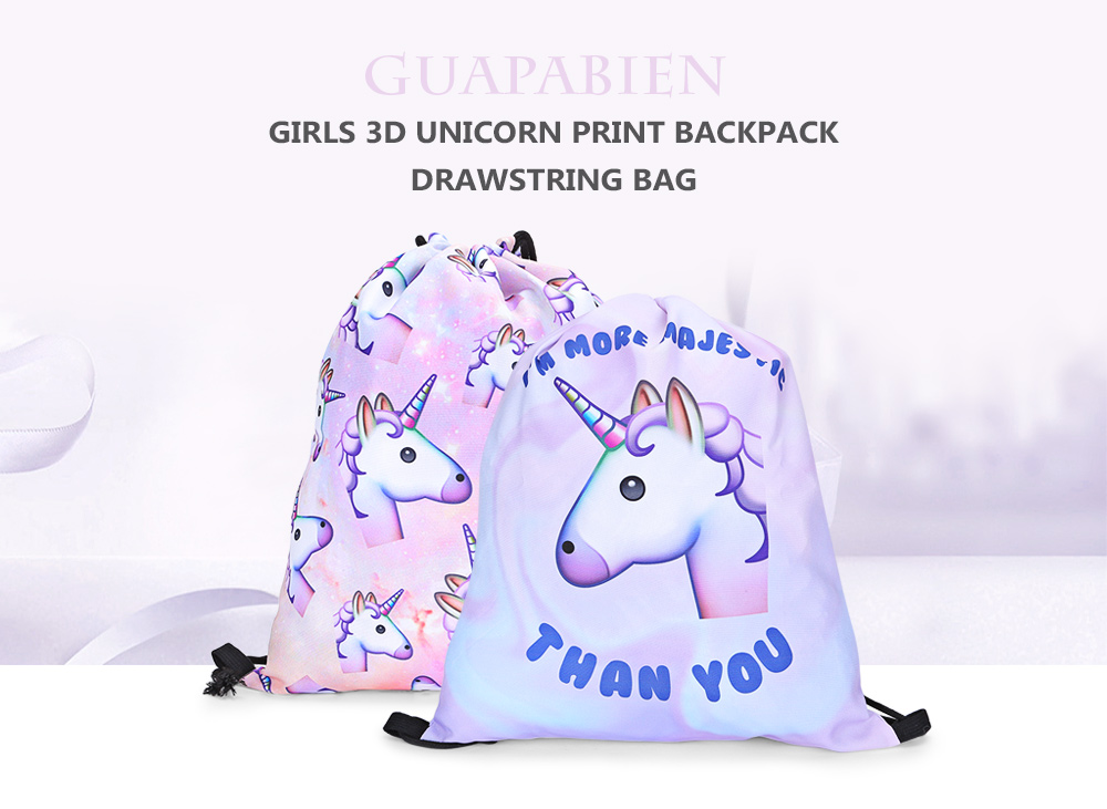 Guapabien Traveling Girls 3D Unicorn Print Drawstring Backpack Cinch Bag Sackpack