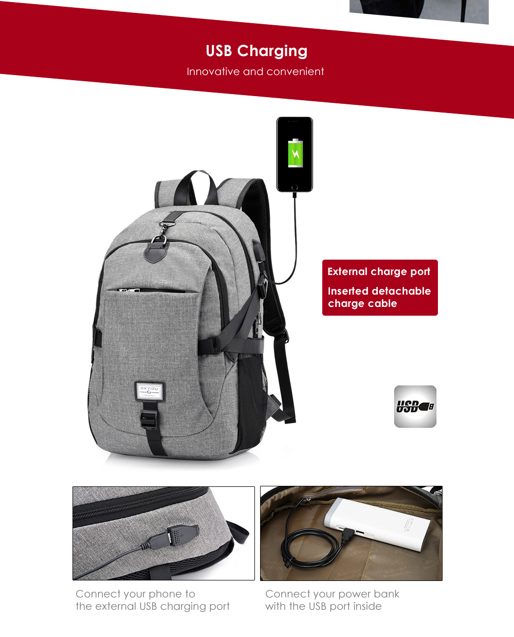 Casual Durable Canvas Backpack with USB Port for Men