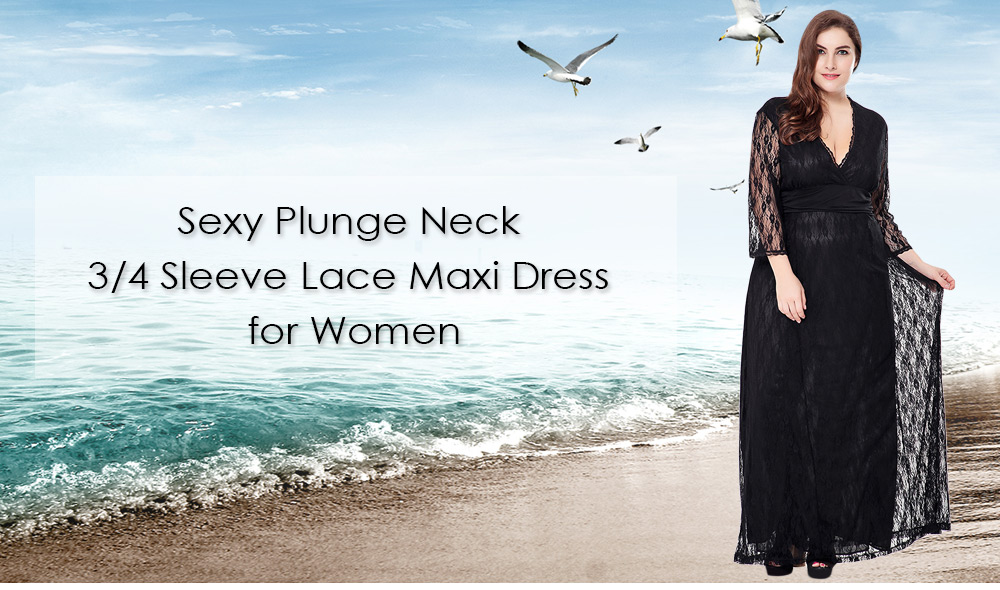 Sexy Plunge Neck 3/4 Sleeve See-through Lace Plus Size Women Maxi Dress