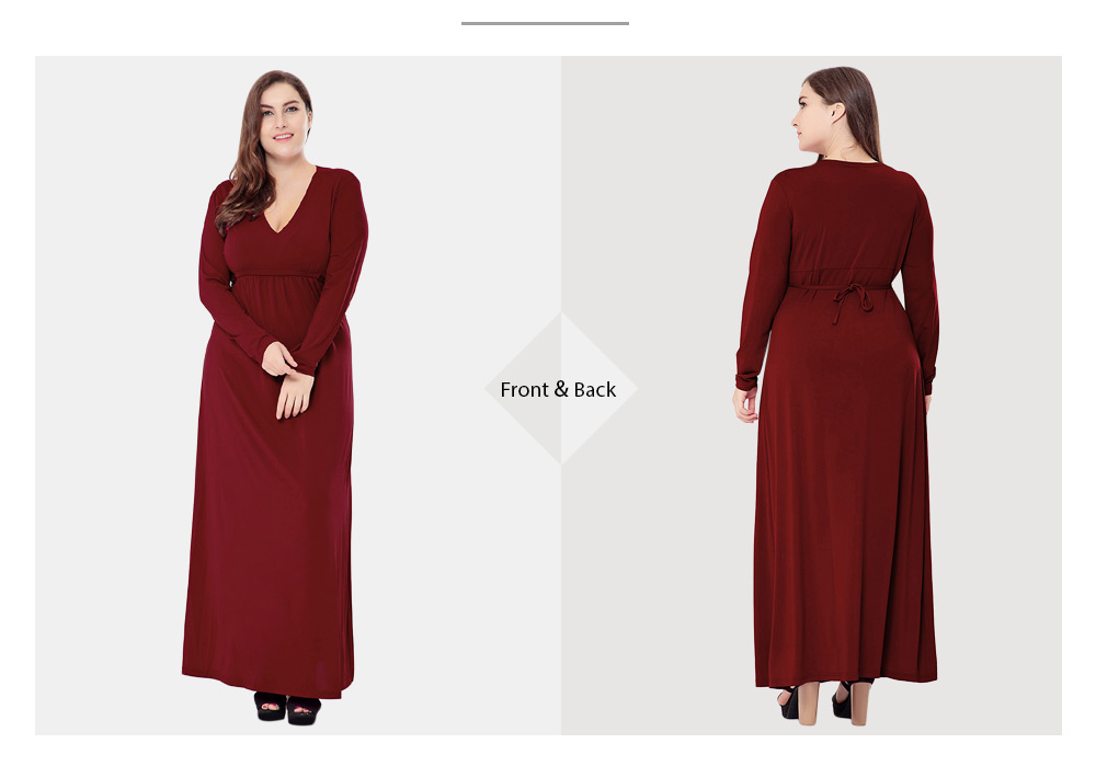 Female Autumn Large Size Solid Color V-neck Long Sleeve Wide Hemline Dress