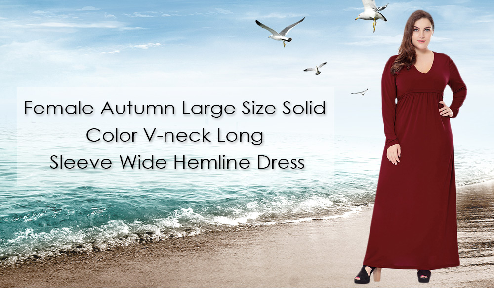 Female Autumn Large Size Solid Color V-neck Long Sleeve Wide Hemline Dress