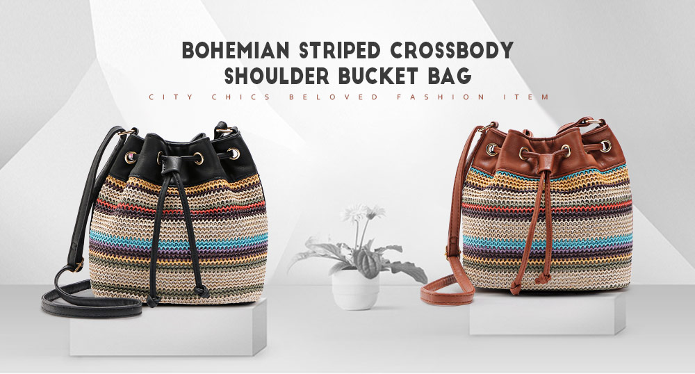 Guapabien Women Bohemian Striped Drawstring Crossbody Shoulder Bucket Bag