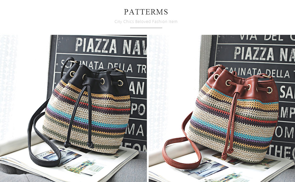 Guapabien Women Bohemian Striped Drawstring Crossbody Shoulder Bucket Bag