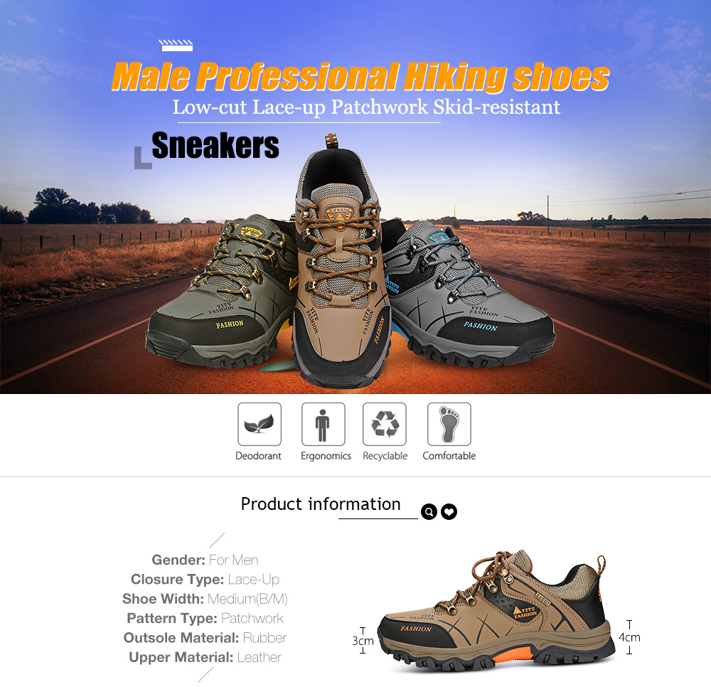 Male Professional Hiking Shoes Low-cut Lace-up Patchwork Skid-resistant Sneakers