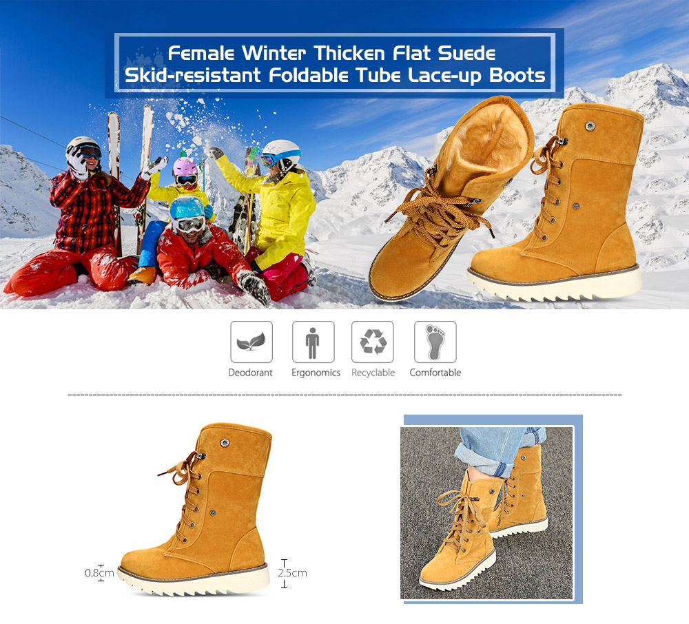 Female Winter Thicken Flat Suede Skid-resistant Foldable Tube Lace-up Boots