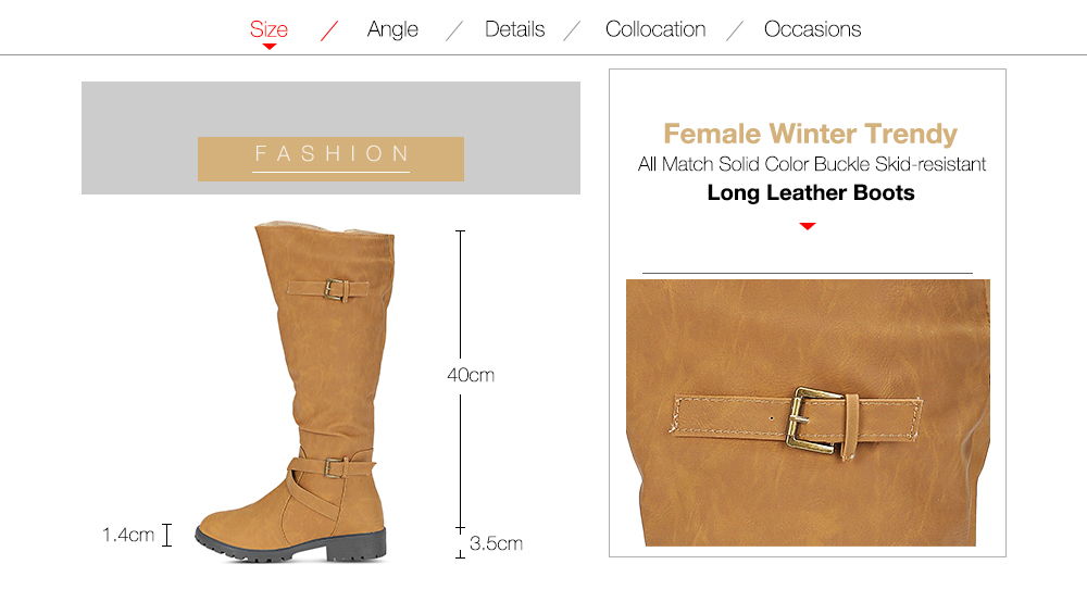 Female Winter Trendy All Match Solid Color Buckle Skid-resistant Long Leather Boots