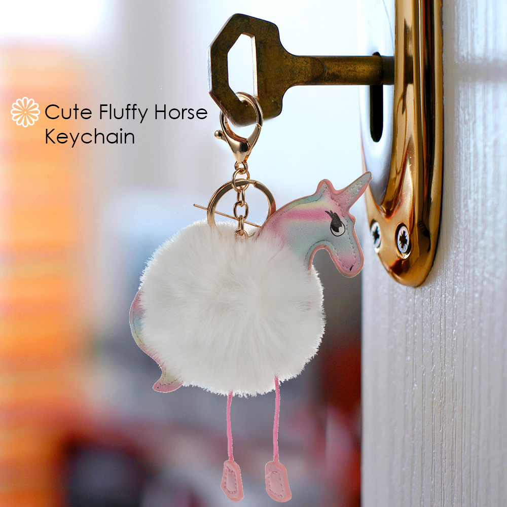 Cute Fluffy Rainbow Horse Keychain PU Rabbit Fur Key Chain