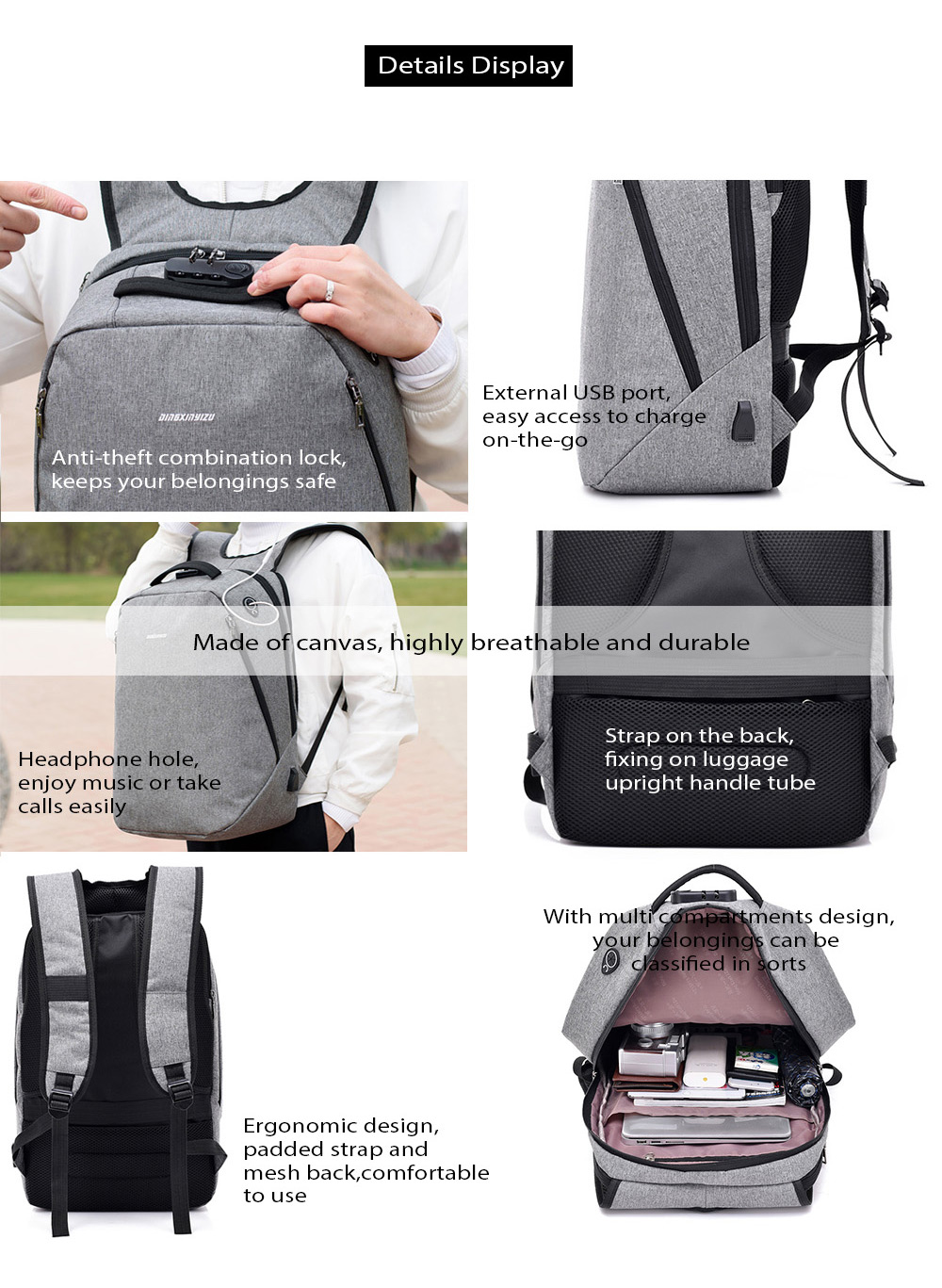 Leisure Anti-theft Lock Laptop Backpack with USB Port for Men
