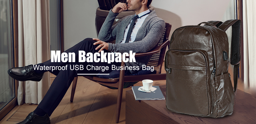 Guapabien Men Backpack USB Charge PU Leather Waterproof Business Bag