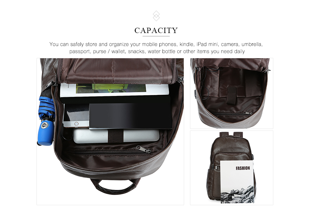 Guapabien Men Backpack USB Charge PU Leather Waterproof Business Bag