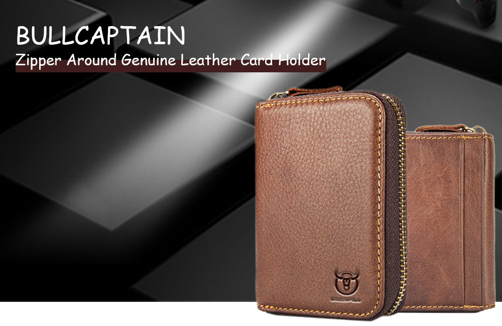 BULLCAPTAIN Leisure Zipper Around Genuine Leather Card Holder for Men