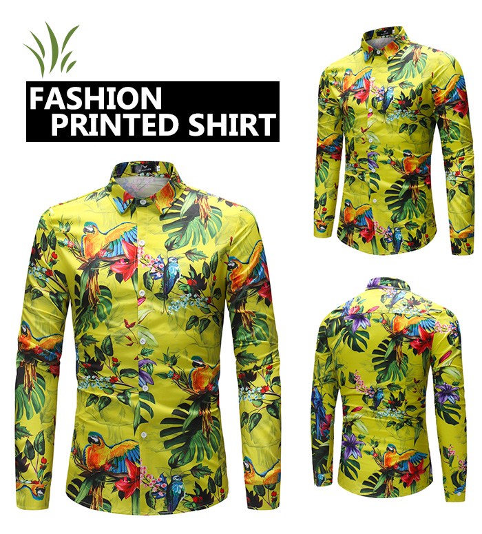 Spread Collar 3D Bird and Leaf Print Shirt