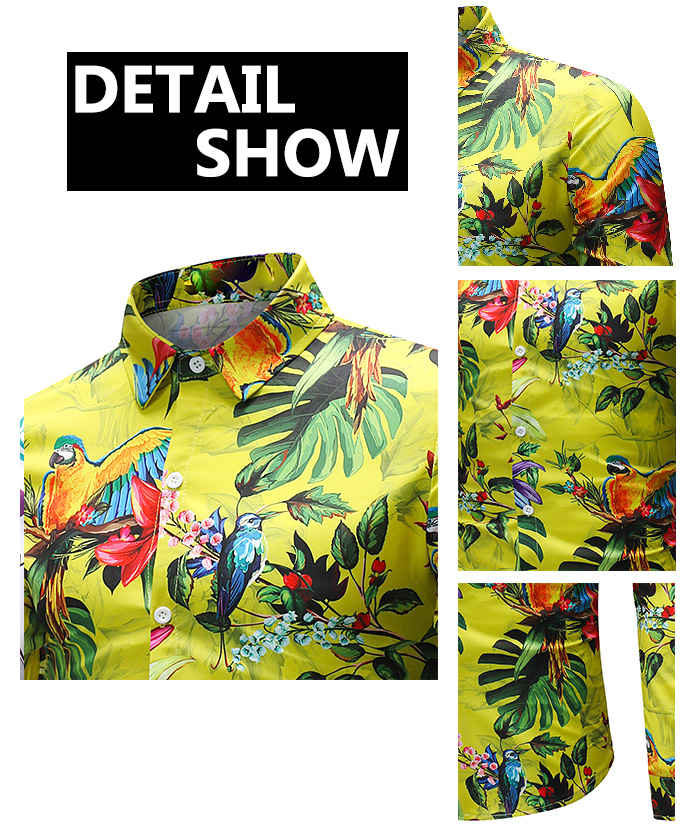 Spread Collar 3D Bird and Leaf Print Shirt