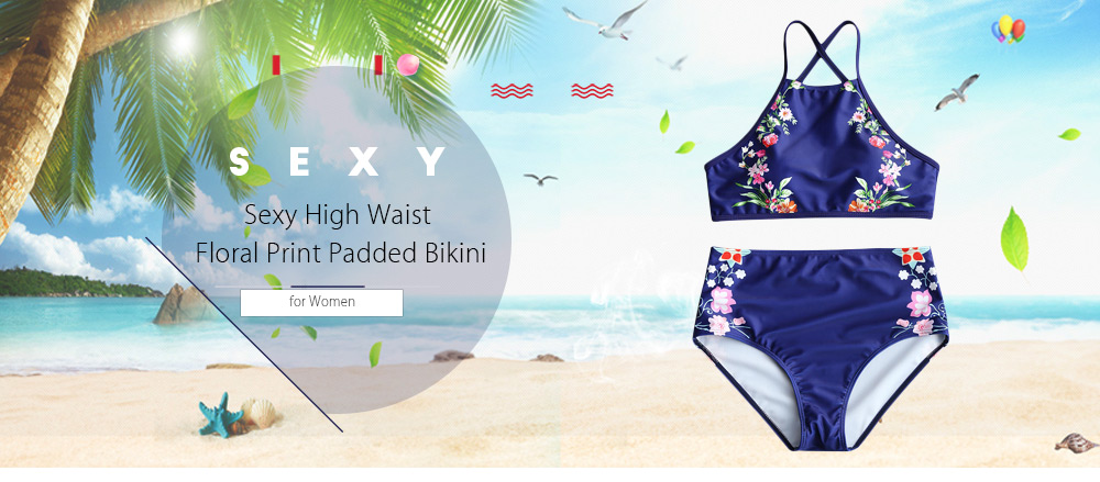 Sexy Criss-cross Strap Backless Padded Floral Print High Waist Women Bikini Set