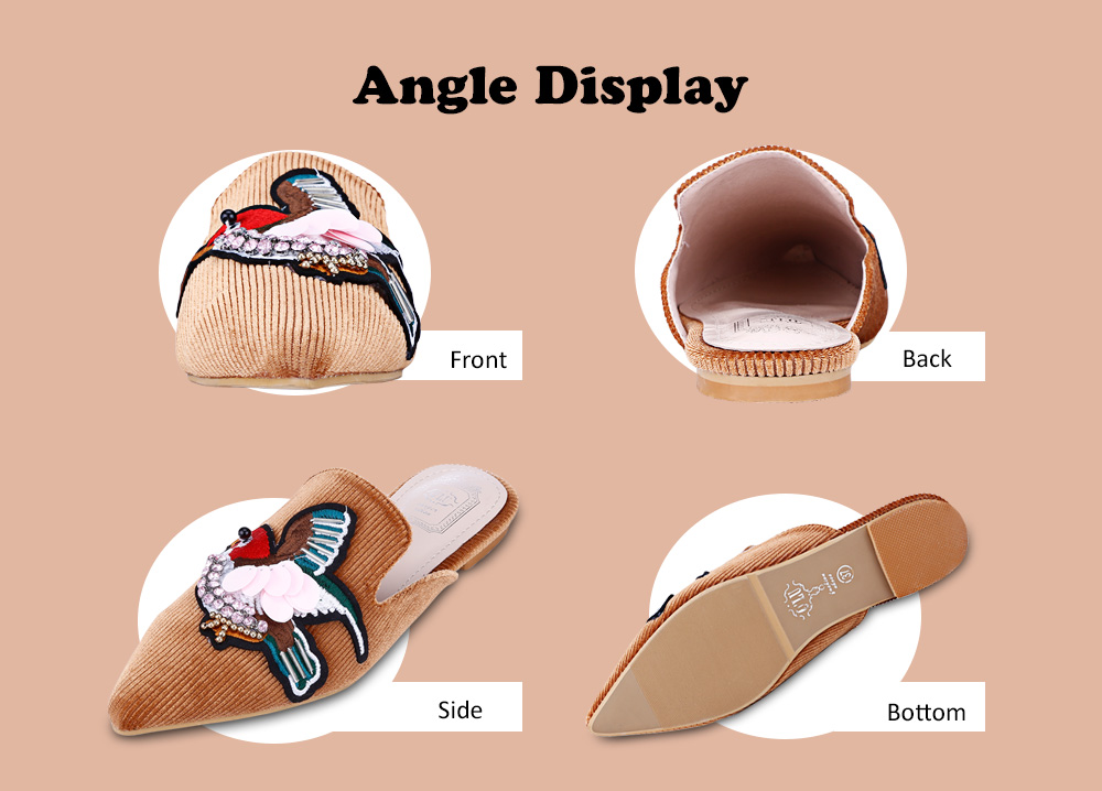 Trendy Pointed Toe Bird Embroidery Rhinestone Flat Heel Women Slippers