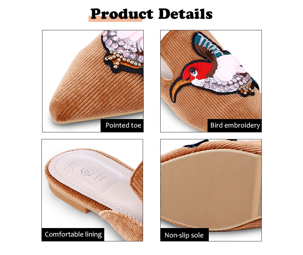 Trendy Pointed Toe Bird Embroidery Rhinestone Flat Heel Women Slippers