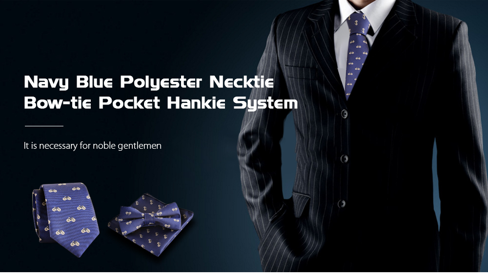 Men 3PCS Navy Blue Polyester Necktie Bow-tie Pocket Hankie System with Bicycle Icon