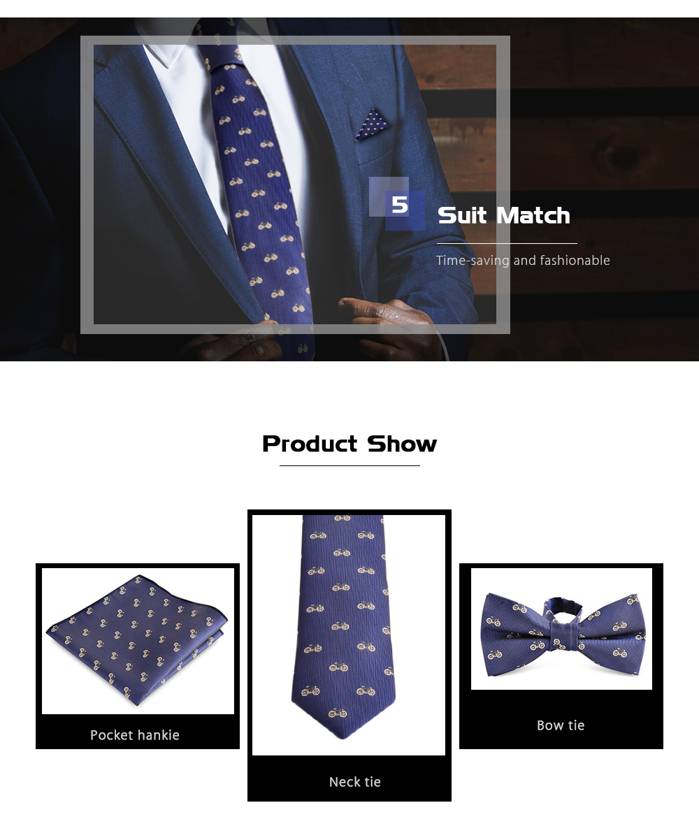 Men 3PCS Navy Blue Polyester Necktie Bow-tie Pocket Hankie System with Bicycle Icon
