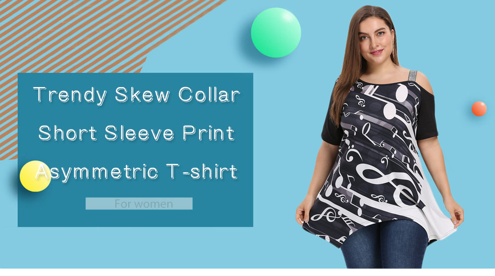 Trendy Skew Collar Shoulder Strap Short Sleeve Print Asymmetric Plus Size Women T-shirt