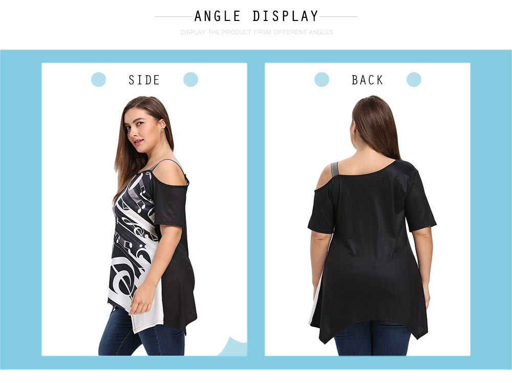 Trendy Skew Collar Shoulder Strap Short Sleeve Print Asymmetric Plus Size Women T-shirt