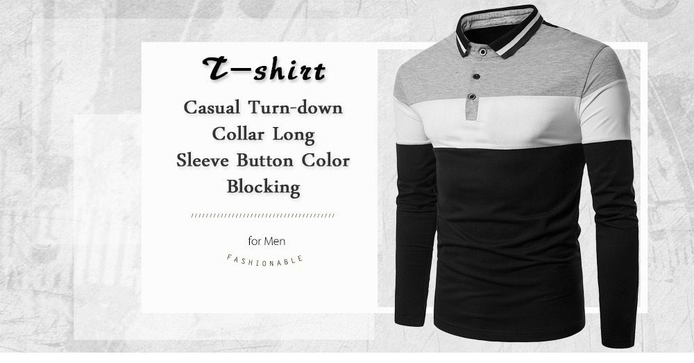 Casual Turn-down Collar Long Sleeve Button Color Blocking Men T-shirt
