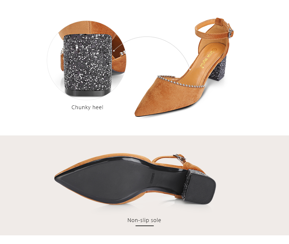 Trendy Pointed Toe Bead Ankle Strap Chunky Heel Women Shoes