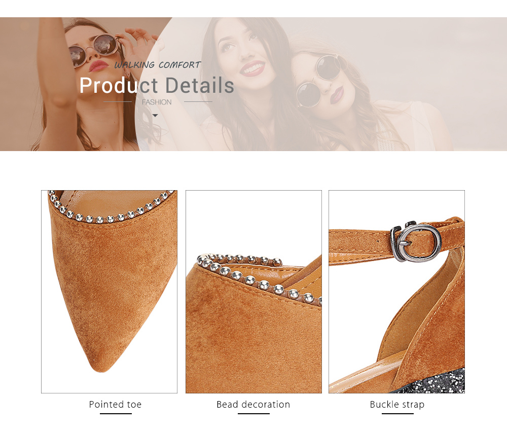 Trendy Pointed Toe Bead Ankle Strap Chunky Heel Women Shoes