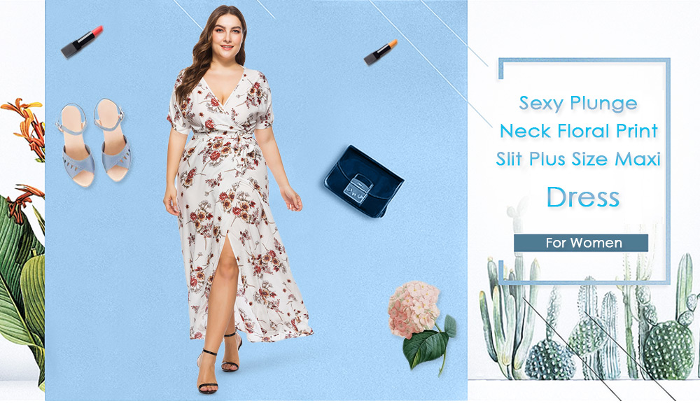 Sexy Plunge Neck Short Sleeve Floral Print Slit Plus Size Women Maxi Dress