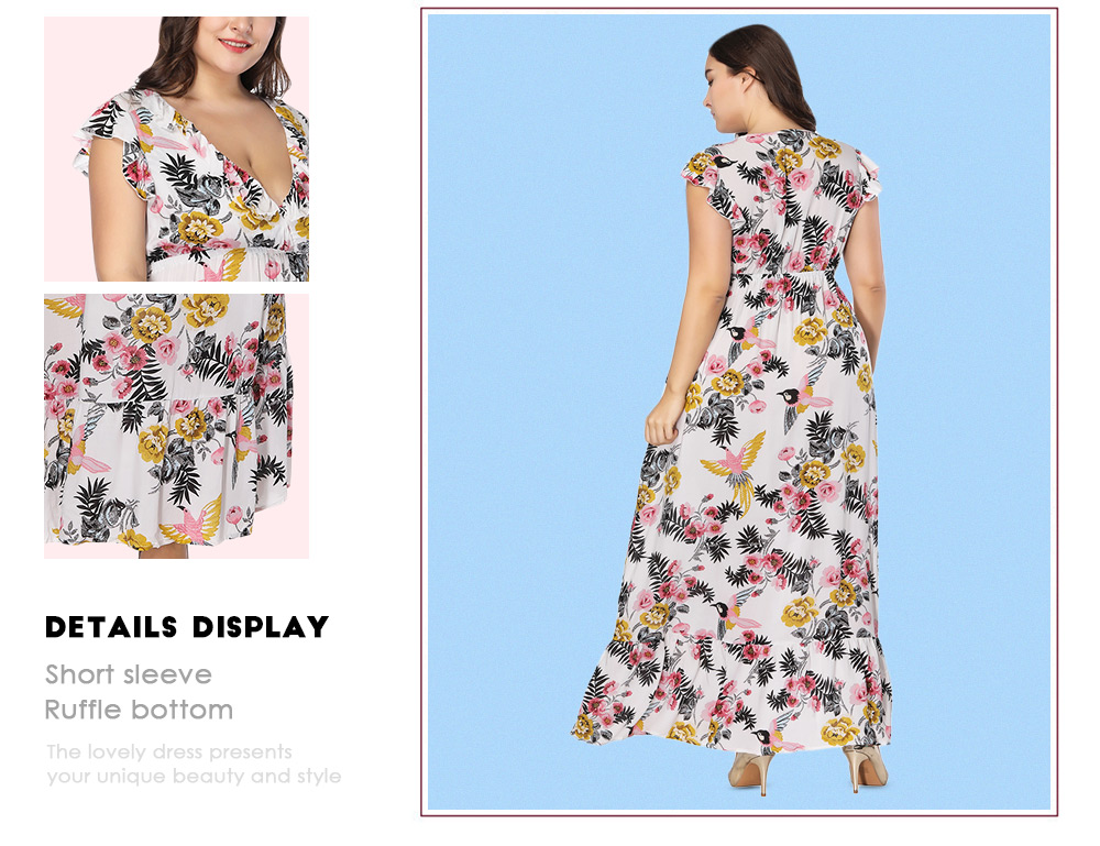 Sexy Plunge Neck Short Sleeve Floral Print Plus Size Ruffle Women Maxi Dress